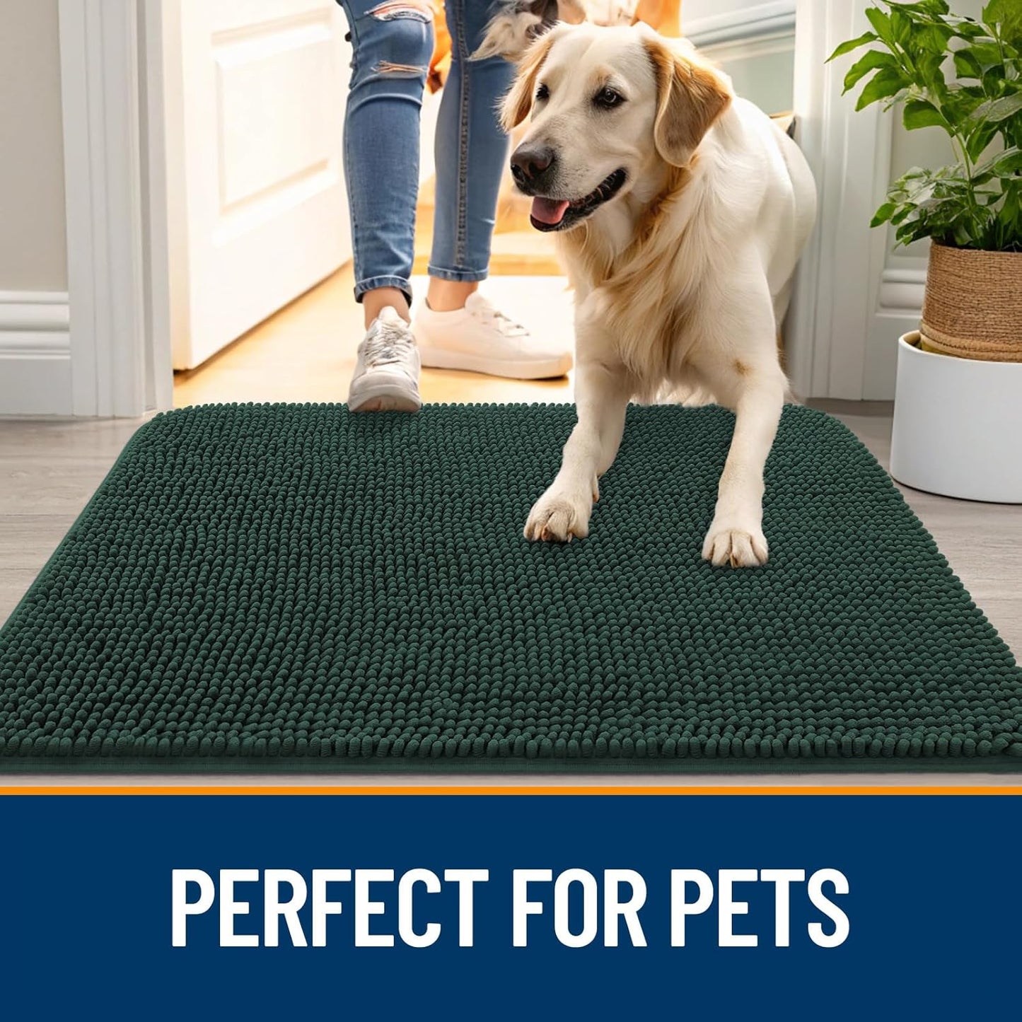 OLANLY Dog Door Mat for Muddy Paws 59x20, Absorbs Moisture and Dirt, Absorbent Non-Slip Washable Doormat, Quick Dry Chenille Mud Mat, Entry Indoor Entryway Carpet for Inside Floor, Blackish Green