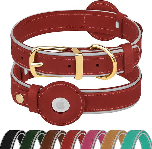 OOPSDOGGY Reflective Geniune Leather Airtag Dog Collar Soft Padded Collars for Small Medium Large Breed Dogs Puppy, 4 Sizes, 7 Colors (Red, Small, 9"-12")