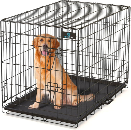 PetsTuff Great CRATES 42” X-Large Dog Crate - Heavy-Duty Dog Kennel with Divider Panel for Pets 65-85lbs - Durable Leaf-Proof Tray - Foldable, Carry Handle & Wheels for Easy Moving