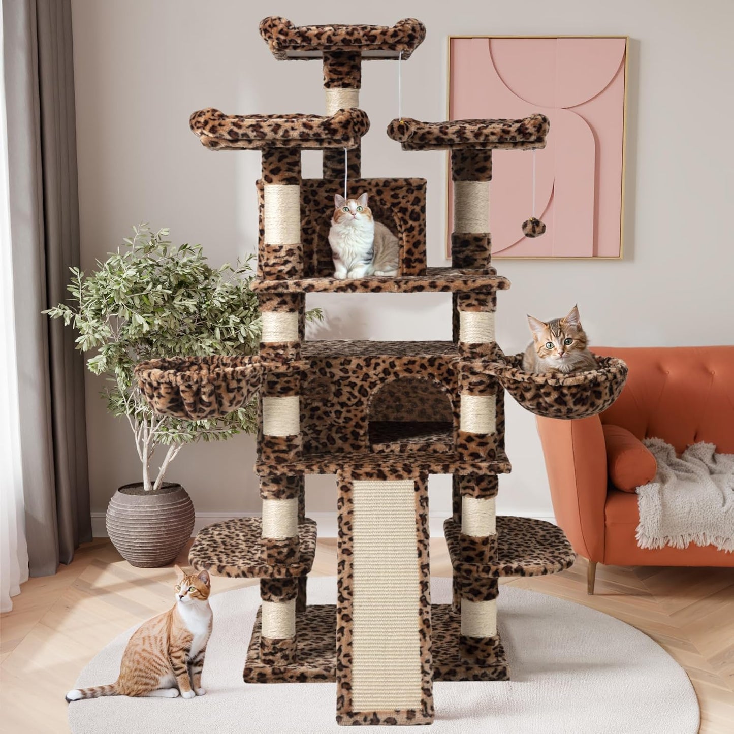 SHA CERLIN 68 Inches Multi-Level Large Cat Tree for Large Kitties/Big Cat Tower with Condo/Cozy Plush ‌Pussycat Perches/Sisal Scratching Posts and Hammocks/Activity Center/Leopard Print
