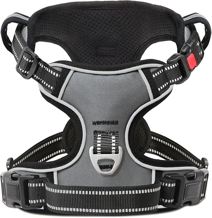 Timos Dog Harness Large Sized, No Pull with Neck Lockable Snap,No Choke Front Clip Dog Reflective Harness,Adjustable Metal Rings 3 Buckles,Easy Control Handle for Large Dogs Gray L