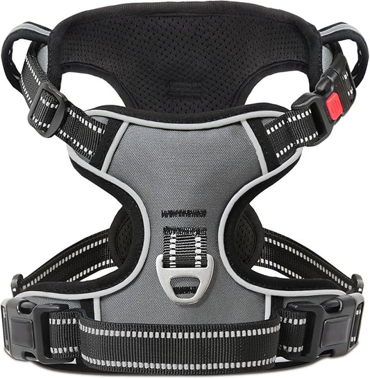 Timos Dog Harness Small Sized, No Pull with Neck Lockable Snap,No Choke Front Clip Dog Reflective Harness,Adjustable Metal Rings 3 Buckles,Easy Control Handle for Small Dogs Gray S