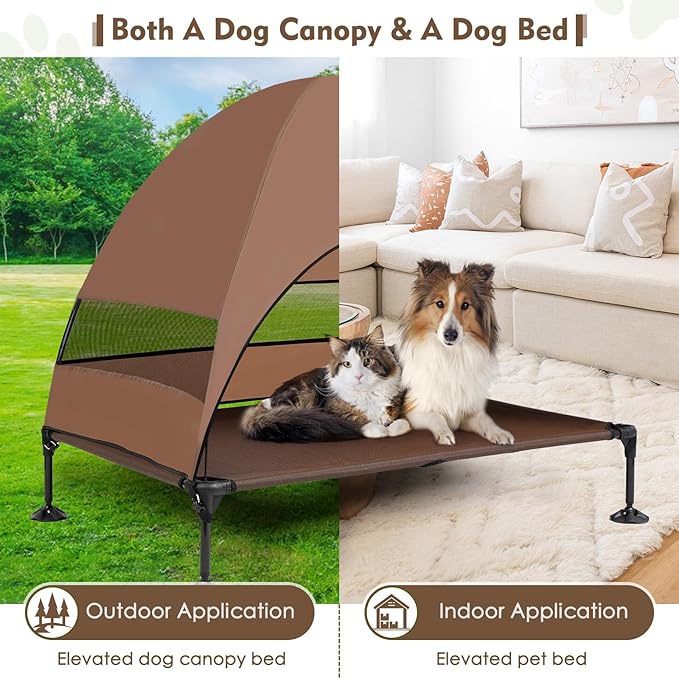 Upgraded Elevated Dog Bed with Canopy, Portable Raised Outdoor Dog Bed with Stable Anti-Slip Feet, Raised Wider Shade Pet Bed Cot for Large Dogs Camping, Indoor & Outdoor Use