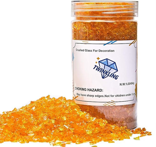 TWINKLING High Luster Fire Glass Gravel Stone Glitter,Broken Glass,Fire Gems Chips,Crushed Glass for Fire Pit Crafts Resin Art Aquarium Garden Decoration,3-6mm,1-Pound Jar (Orange Yellow)