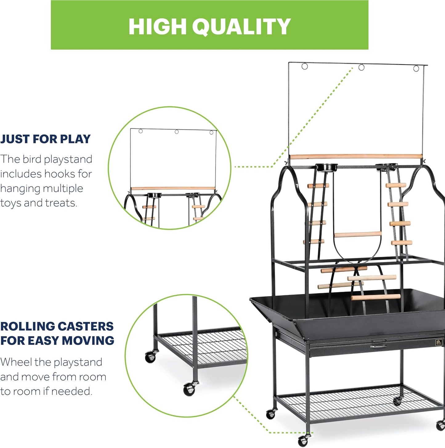 Prevue Pet Products Large Parrot Playstand with Wheels, Bird Stand Activity Play Center with Perches and Ladders, Indoor Outdoor Playground for Birds, Black Hammertone Finish
