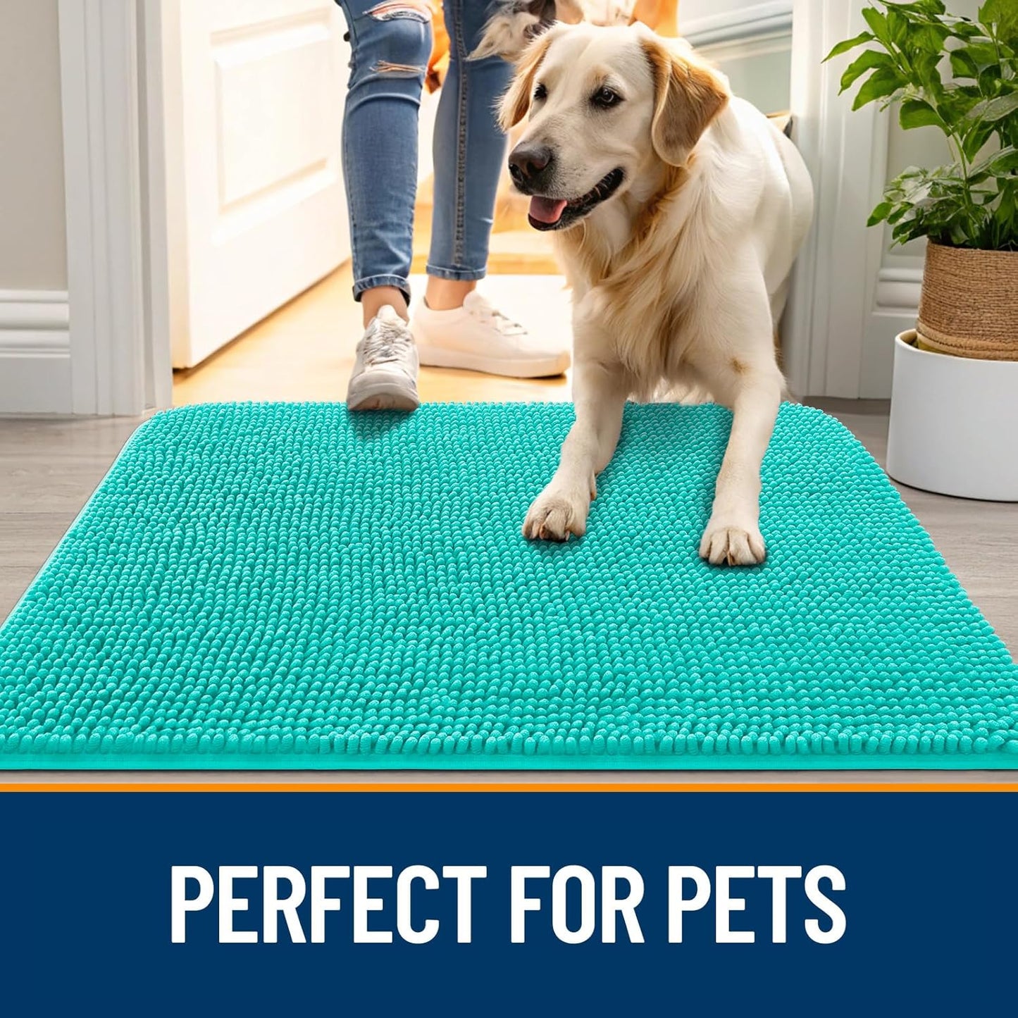 OLANLY Dog Door Mat for Muddy Paws 47x20, Absorbs Moisture and Dirt, Absorbent Non-Slip Washable Doormat, Quick Dry Chenille Mud Mat for Dogs, Entry Indoor Entryway Carpet for Inside Floor, Teal