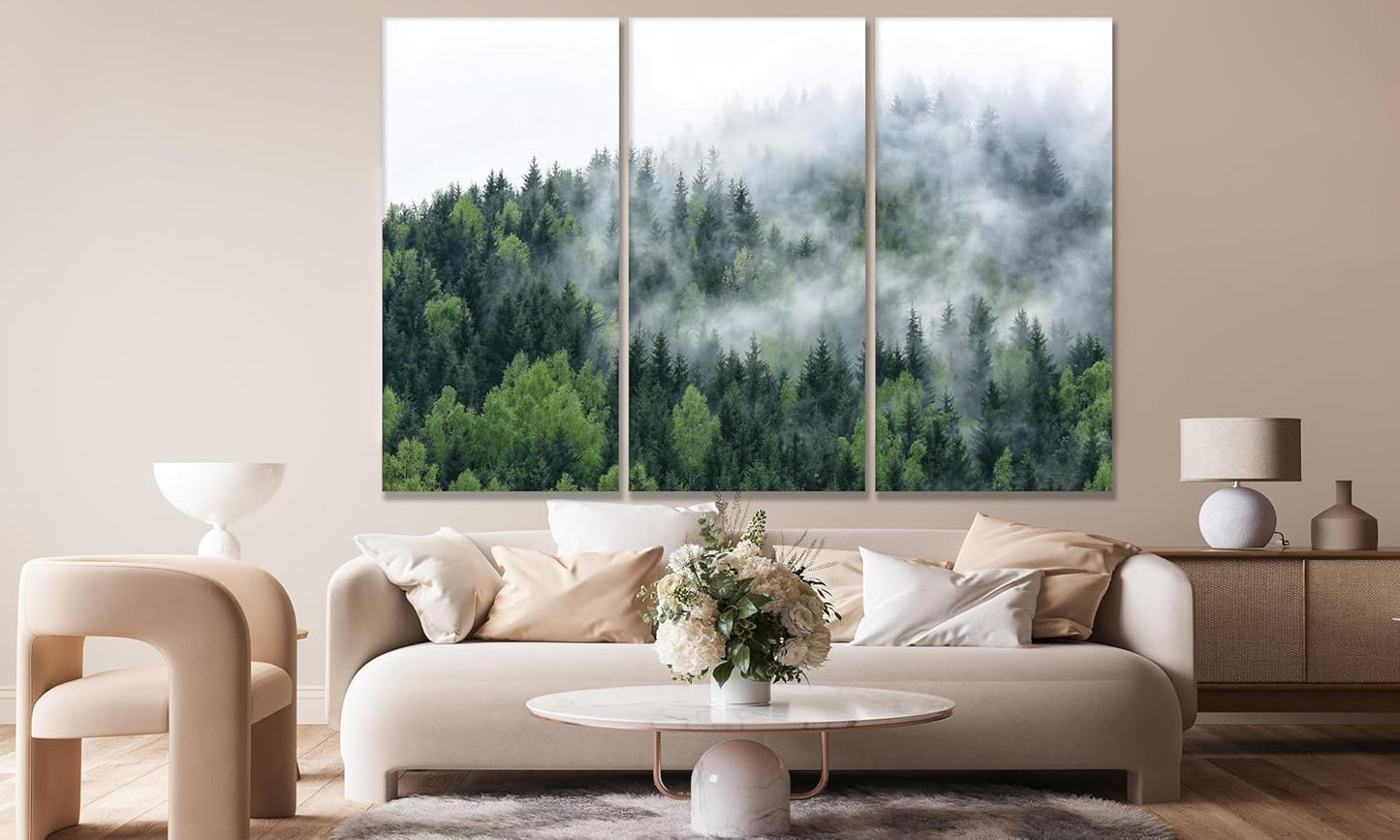 Nature Wall Art Prints - Ocean Forest Mountain Lake Canvas Landscapes - Small to Extra Large Living Room Bedroom Kitchen Bathroom Décor (Pine Trees in Fog, 35L" x 53W" - 3 Panels)