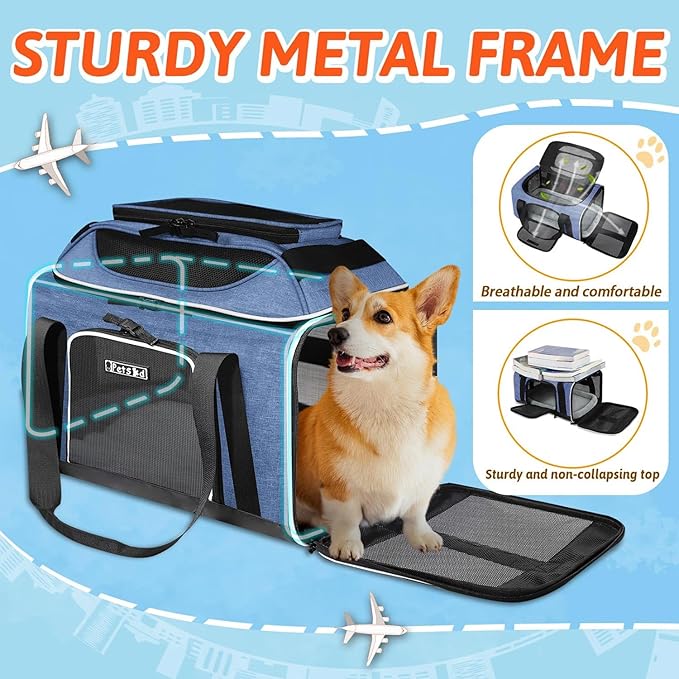 Petskd Top-Expandable Pet Carrier 18x13x9.5 Inches Southwest Airline Approved, Soft-Sided Carrier for Small Cats and Dogs with Locking Safety Zippers and Anti-Scratch Mesh(Blue)