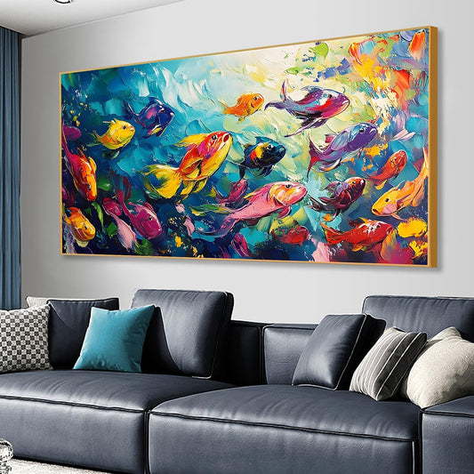 School of Fish Printed Canvas Wall Art – Framed Abstract Ocean Print – Vibrant Fish Wall Decor for Living Room, Bedroom, Office (Gold Framed, 39"x19"|100x50cm)