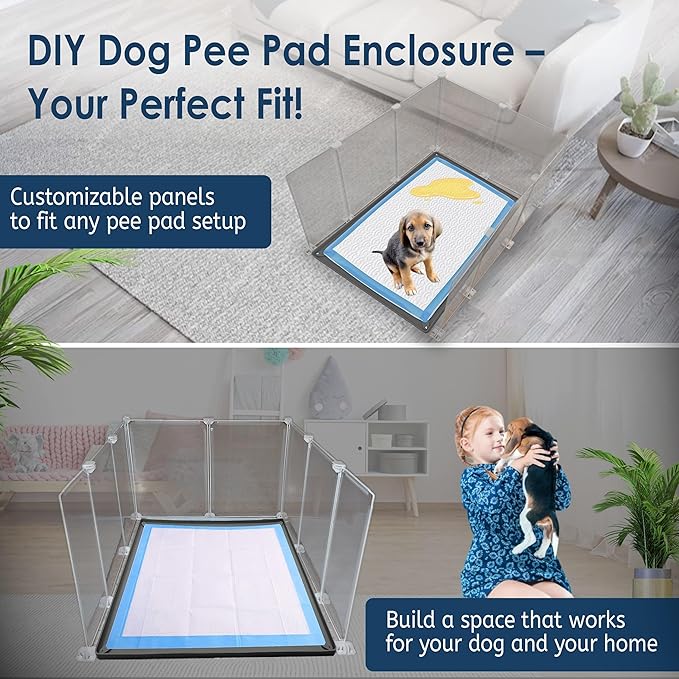 TidyFriend Litter Box Splash Guard 24” x 32”, Small Dog Litter Box Shield Guard with Pee Pad Holder Tray Fits for 30" x 23” Training Pad, Easy to Clean, Indoor (White Enclosure with Grey Peepad Tray)