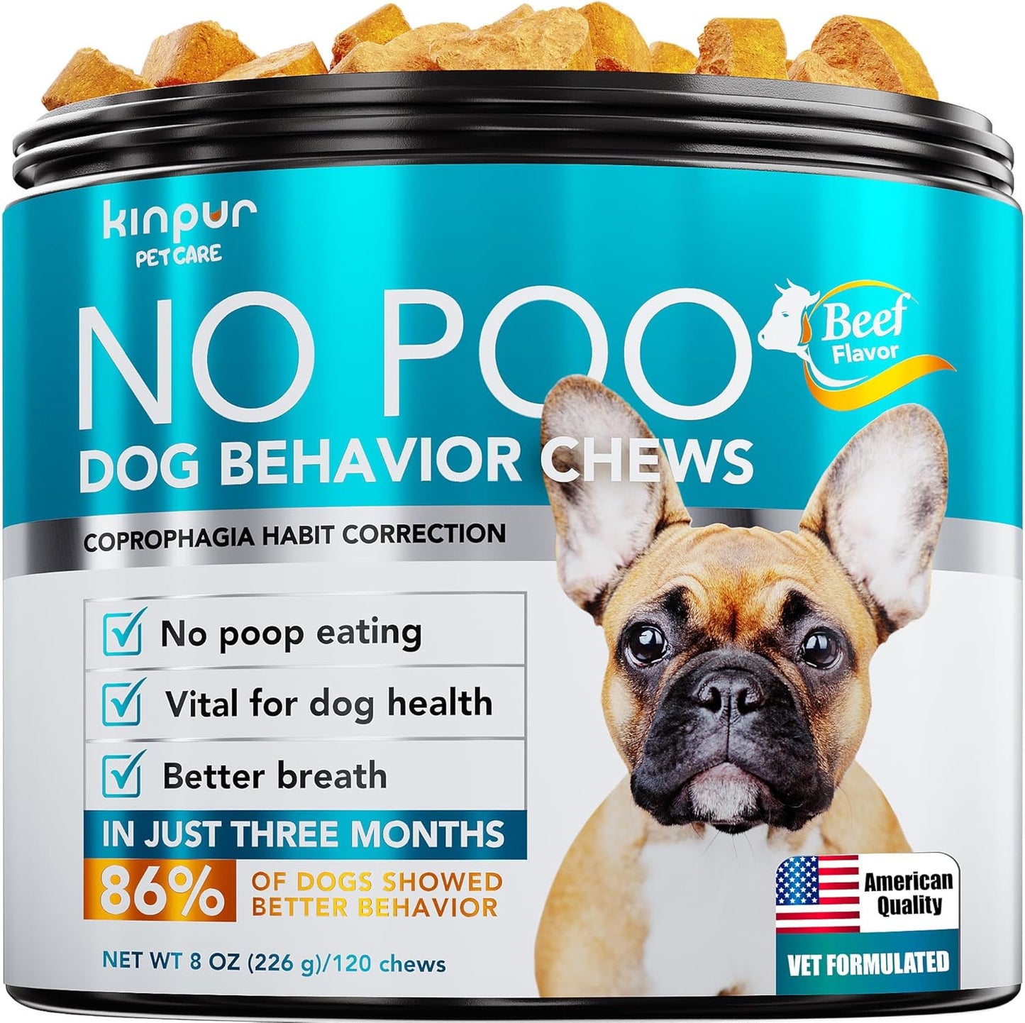 Kinpur Pet Care No Poo Behavior Chews - Help Beat The Habit with Natural Pumpkin, Broccoli, Chamomile, Chicken Liver & More - Forbids Poop Eating - Coprophagia Stool Eating Deterrent Beef Treats