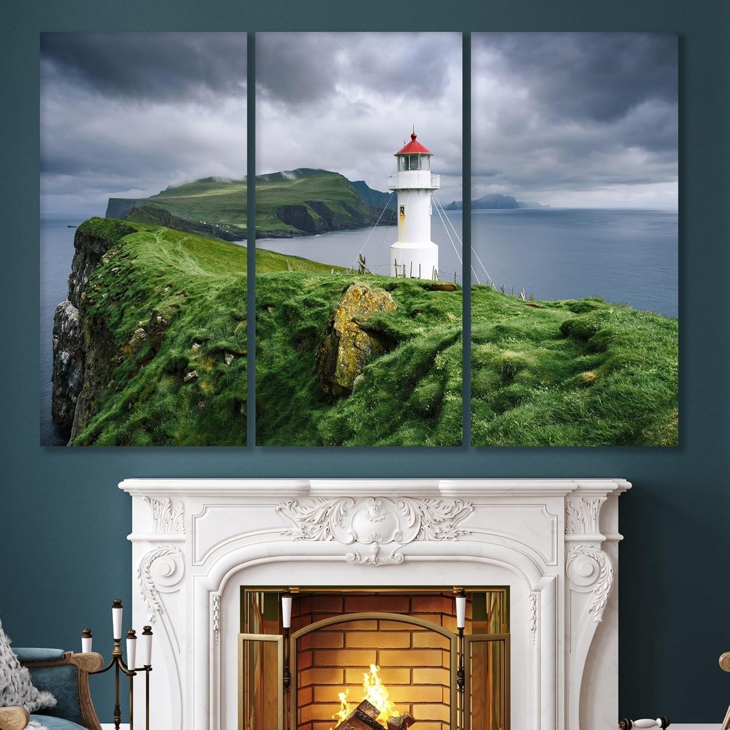 Nature Wall Art Prints - Ocean Forest Mountain Lake Canvas Landscapes - Small to Extra Large Living Room Bedroom Kitchen Bathroom Décor (Stormy Sky Lighthouse, 55L" x 83W"- 3 Panels)