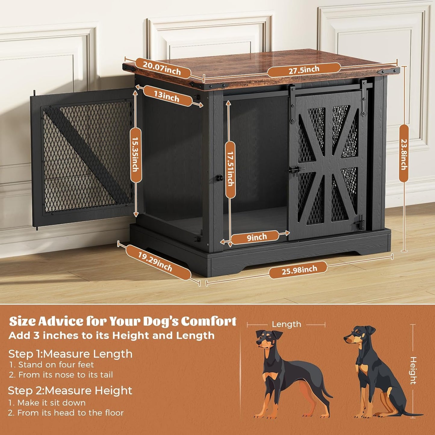 VOPEAK 27.5" Small Dog Crate Furniture, Chew Resistant Dog Crate for Puppy Dogs, Heavy Duty Small Dog Crate Dog Kennel Indoor with Double Doors, Wooden End Table for Bedroom Living Room, Black
