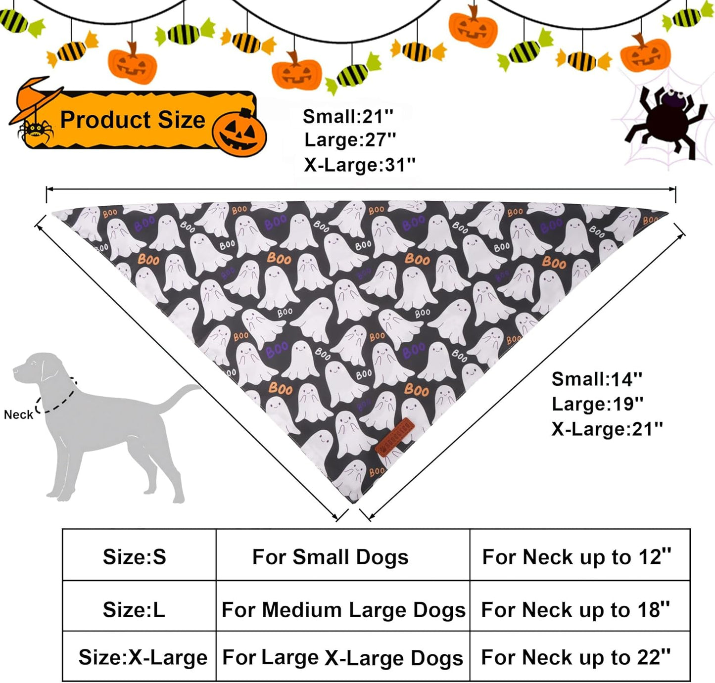 ADOGGYGO Halloween Dog Bandanas, Ghost Pumpkin Witch Scarf, Multi Size, Black Orange Halloween Bandanas for Medium Large Dogs Pets (Large)