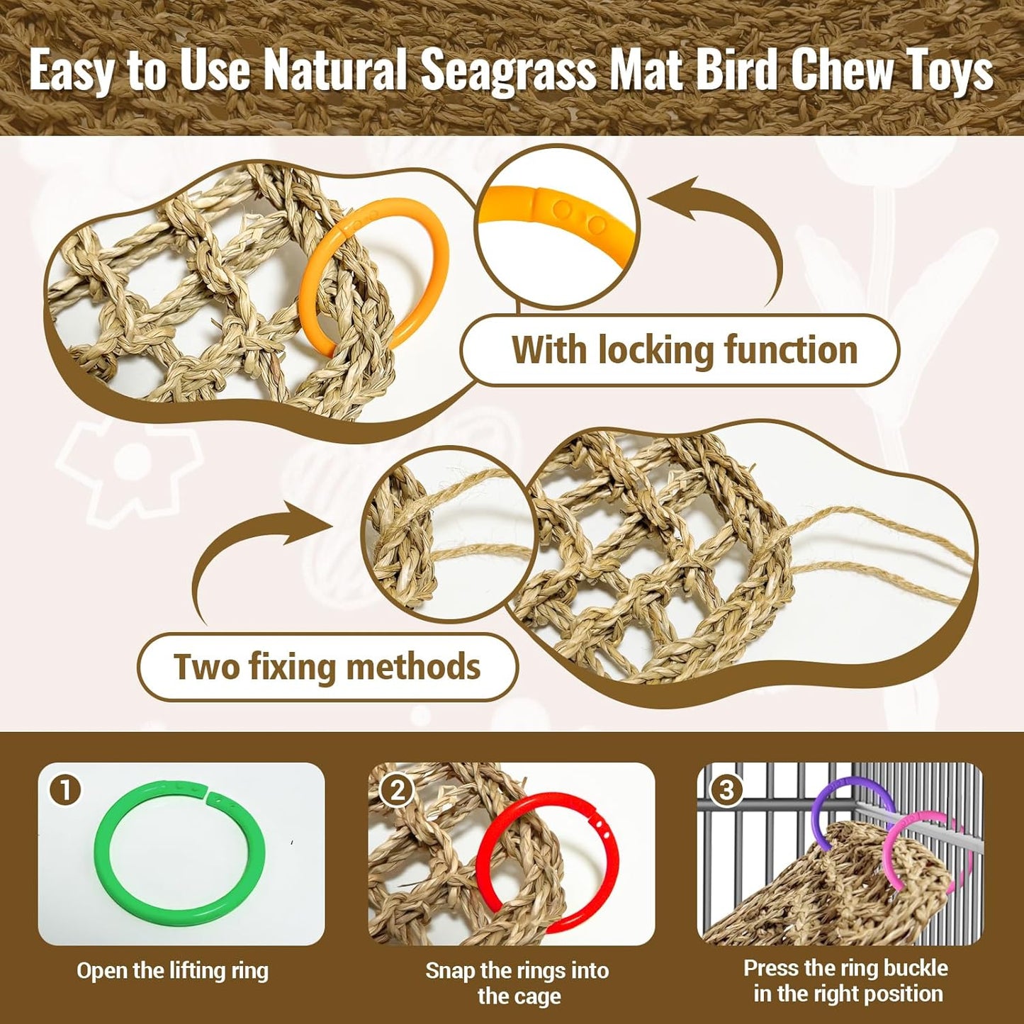 2Pcs 29.5 x 7 inches Large Bird Seagrass Mat Grass Woven Net Parrot Hammock Mat Parakeet Climbing Rope Ladder with Hooks Bird Cage Accessories for Conure Cockatiel Budgie Macaw Bearded Dragon