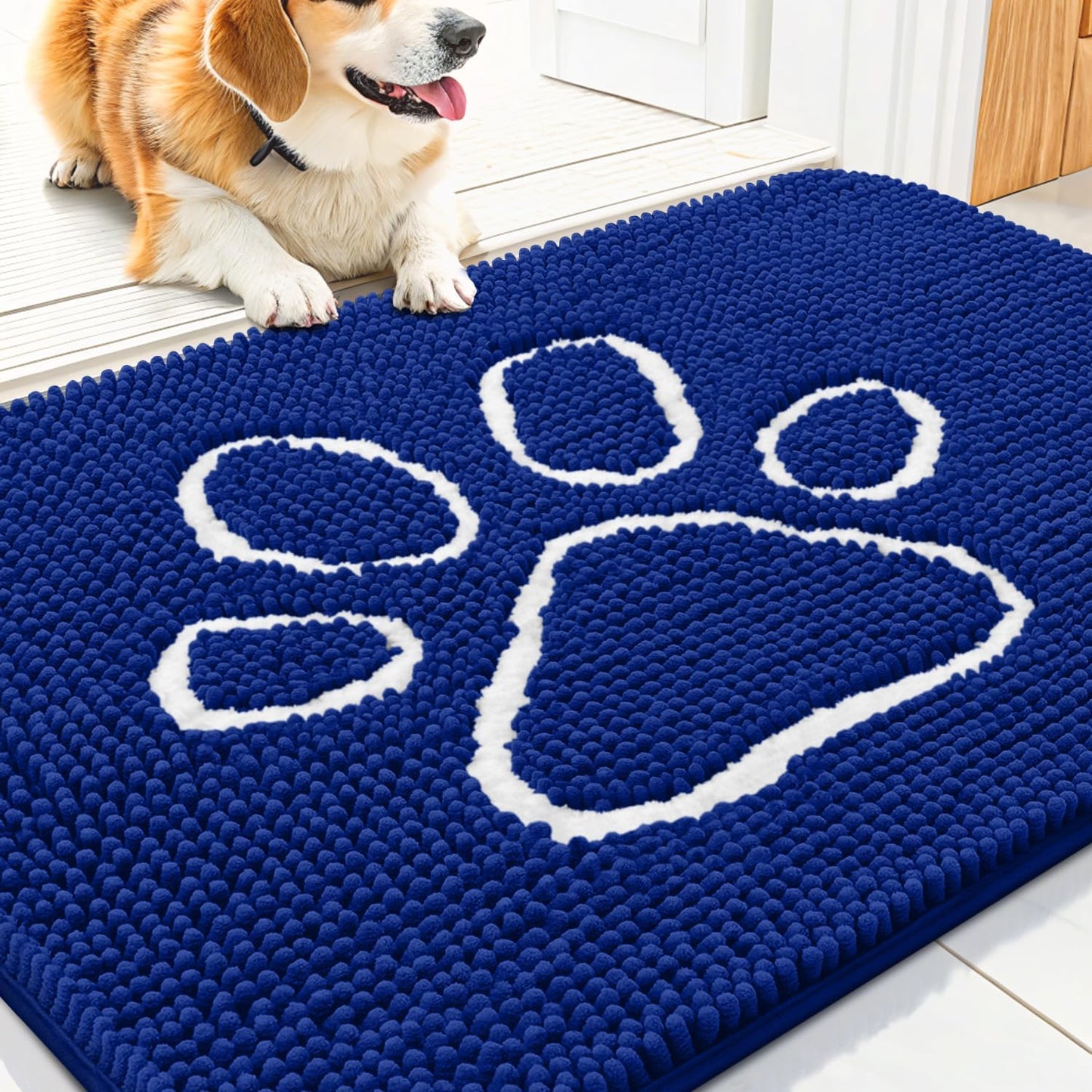 Smiry Dog Door Mat for Muddy Paws, Absorbent Dirt Trapper Non Slip Quick Dry Washable Chenille Mat for Mud Dogs, Entry Rug for Indoor and Outdoor (30x20 Inches, Royal Blue)