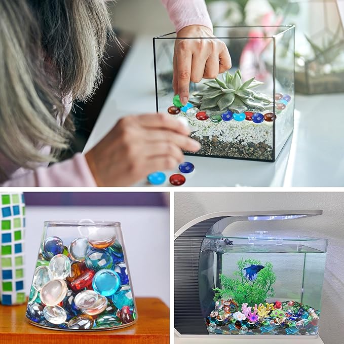 10LB Mixed Color Flat Glass Marbles for Vases, Mancala Stones Gemstone Beads Vase Filler Decorative Glass Pebbles for Fish Tank, DIY Crafts, Mosaics, Aquarium Decor Rocks, Candle Holders