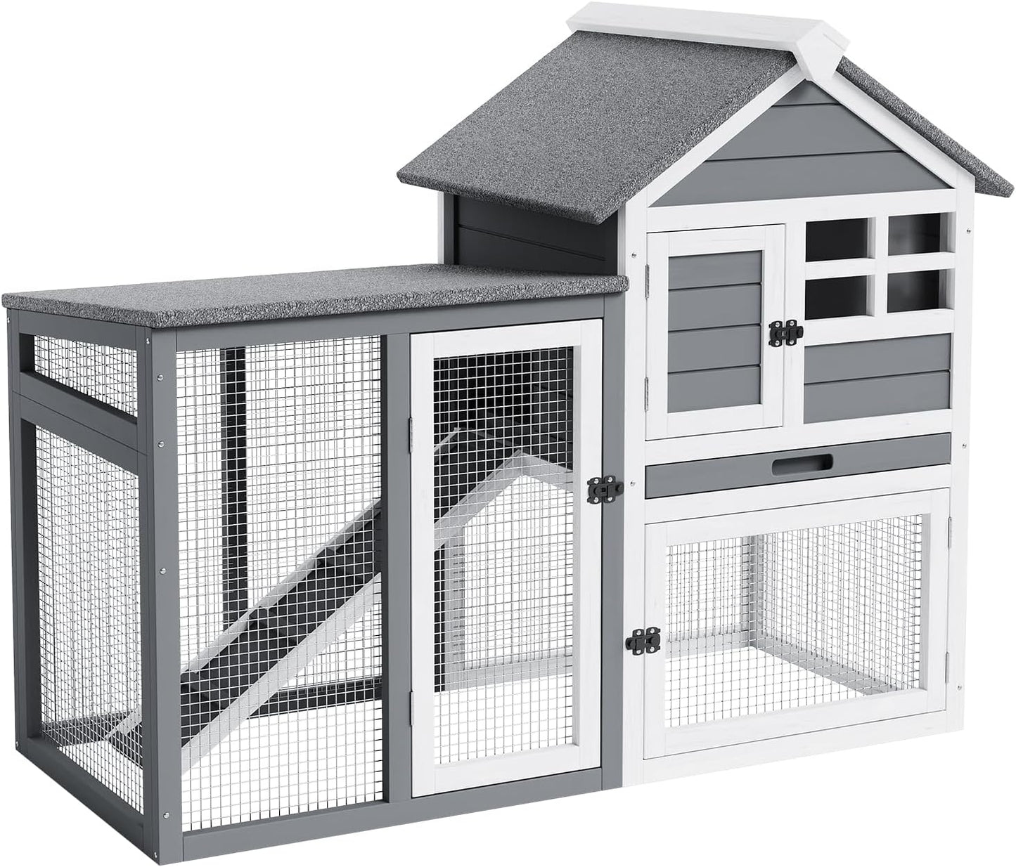 Rabbit Hutch 2-Tier, Small Wooden Chicken Coop for Outdoor Use - Weatherproof Small Animal Hutch with Non-Slip Ramp, 4 Access Doors & Removable Tray for Rabbits, Guinea Pigs, Ferrets (Indoor/Outdoor)