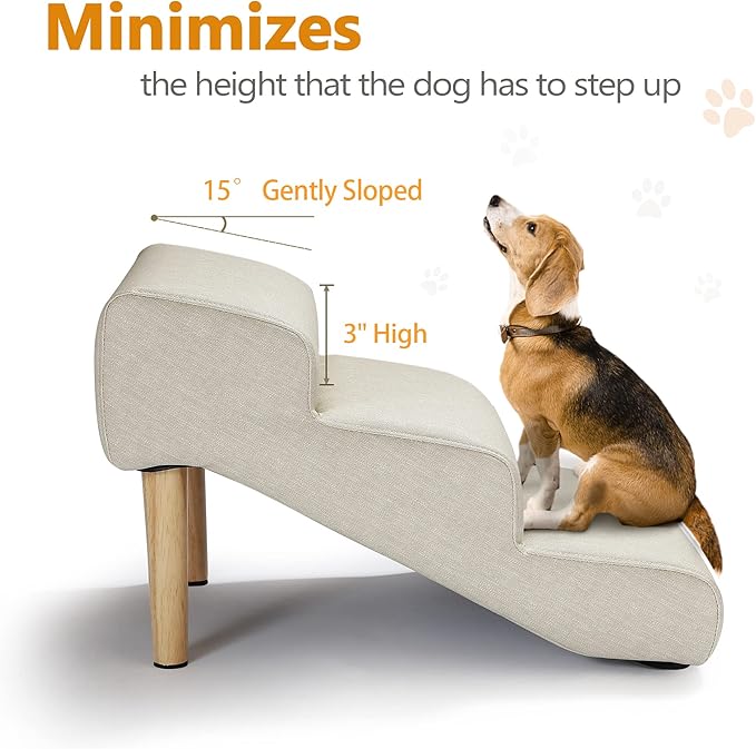 Senneny Imitation Linen Faux Leather Dog Stairs, for Pets up to 150 lbs, Waterproof, Scratch Resistant Pet Steps/Stairs with High Density Foam and Detachable Wooden Legs, Light Beige Linen, 3 Step
