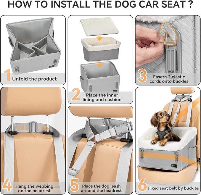 PETSFIT Small Dog Car Seat, Waterproof PU Leather Dog Booster Car Seat with Patented Safe Buckles, Pet Carseat for Medium or Small Sized Pets up to 30 lbs (Grey)