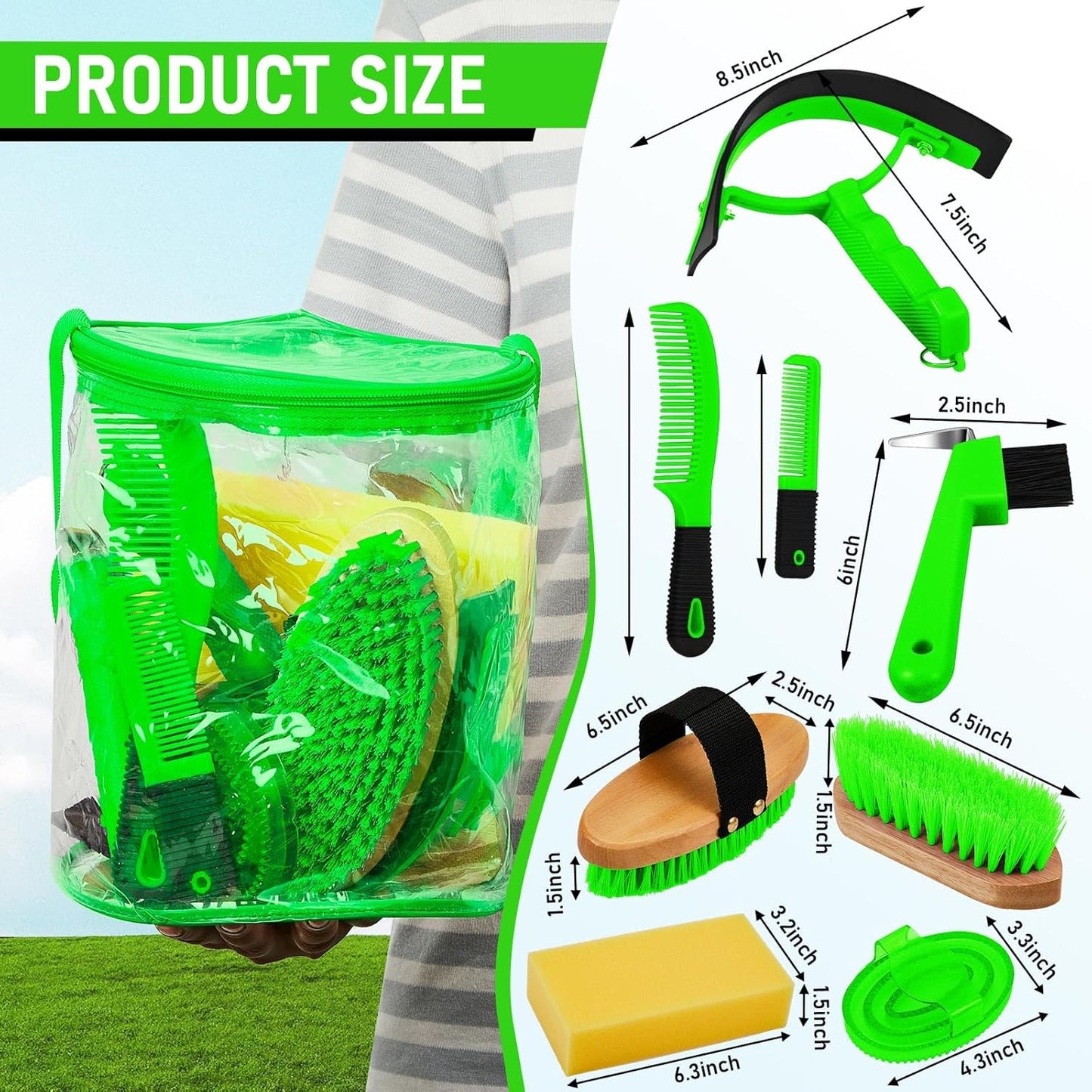 9 Pieces Horse Grooming Kit Tack Room Supplies Set with Organizer Tote Bag, Oval Massage Curry, Hard and Soft Brush, Hoof Pick, Sweat Scraper, Bathing Sponge, Combs for Horse Riders Beginners (Green)