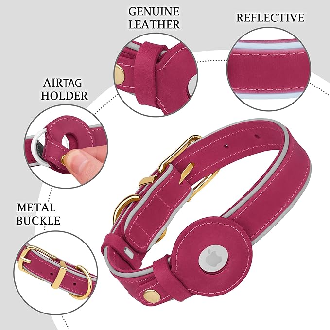 OOPSDOGGY Reflective Geniune Leather Airtag Dog Collar Soft Padded Collars for Small Medium Large Breed Dogs Puppy, 4 Sizes, 7 Colors (Pink, XLarge, 19"-24")