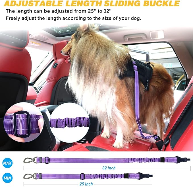 AUBELL Dog Seat Belt for Car,2 Pack Set 3-in-1 Adjustable Reflective Bungee Heavy Duty Dog Car Harness Tether with Clip Hook Latch & Buckle,Swivel Zinc Alloy Carabiner,Black+Purple