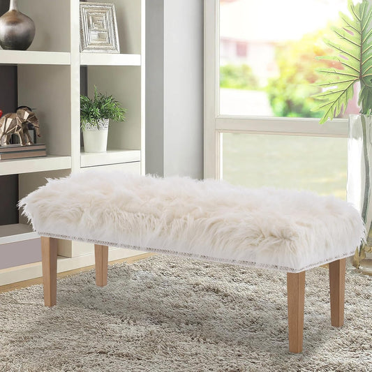 46 Inch White Bedroom Bench, Modern Multi-Purpose Bench with Wooden Legs, Faux Fur Upholstered, 3-Seater, 220 lbs Weight Capacity