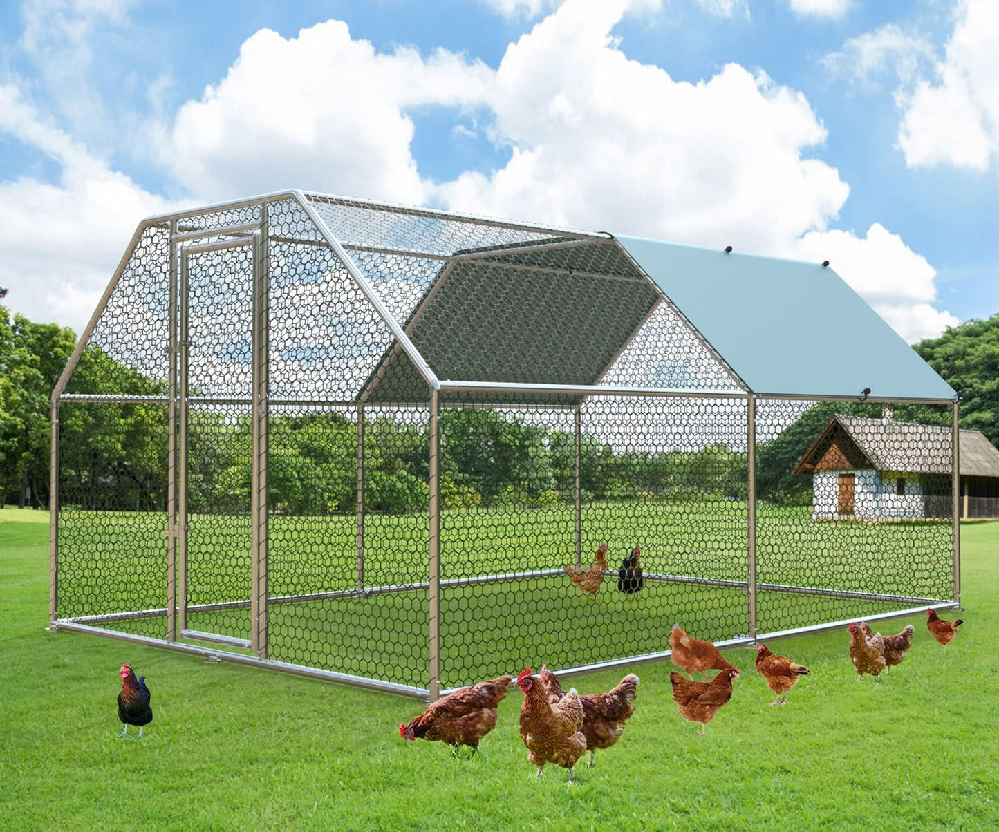 1.26'' Chicken Runs for Yard with Cover, Large Metal Chicken Run Walk in Metal, Outside Dog Kennel with Roof, Flat Roofed Outdoor Kennel for Cats(9.2’L x12.5’Wx 6.4’H)