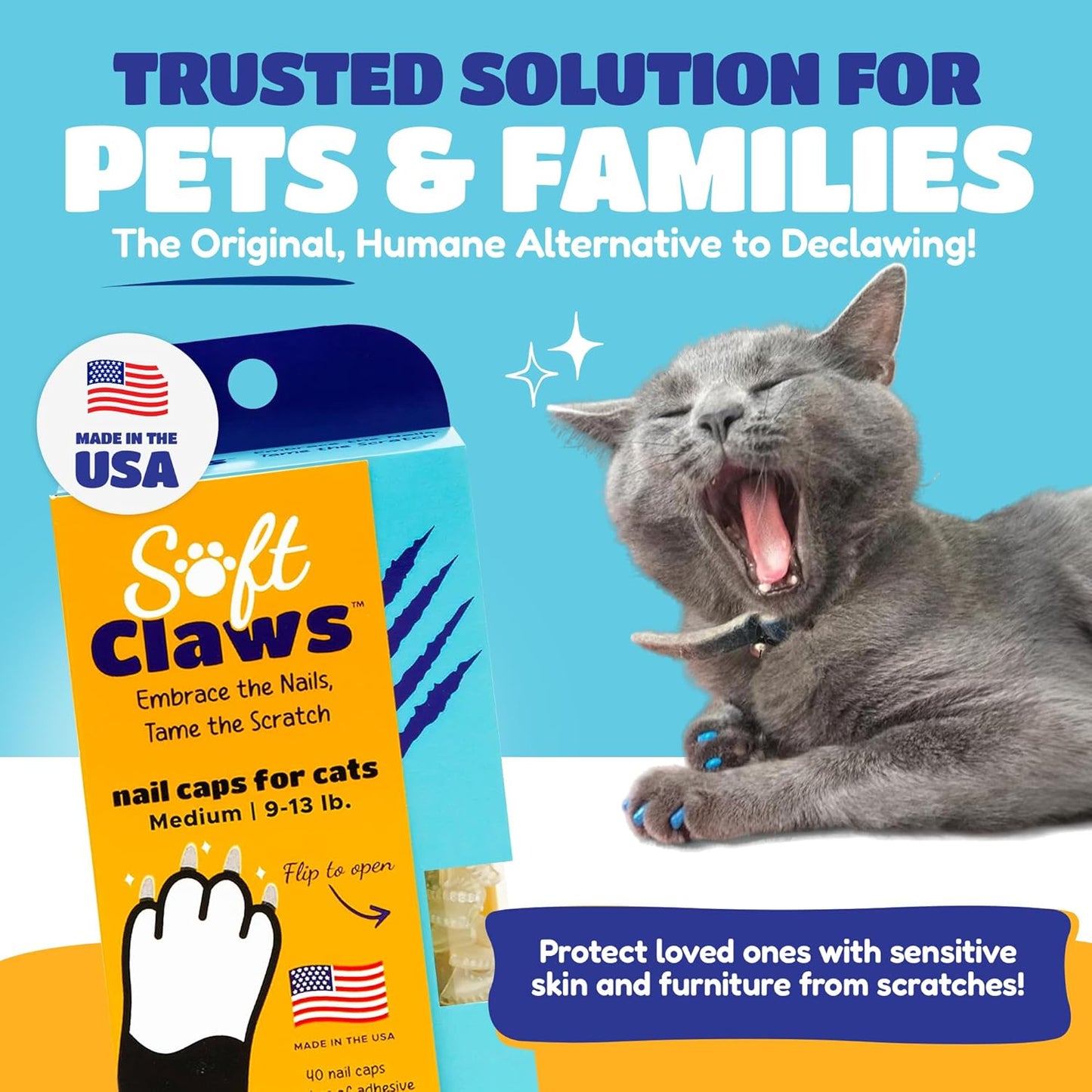 Soft Claws Cat Nail Caps for Medium Cats – (Red, Blue & Gold, 40 Caps) – Made in USA – Veterinarian-Developed | Scratch Protection, Easy to Apply, Long-Lasting Soft Nail Covers for Cats