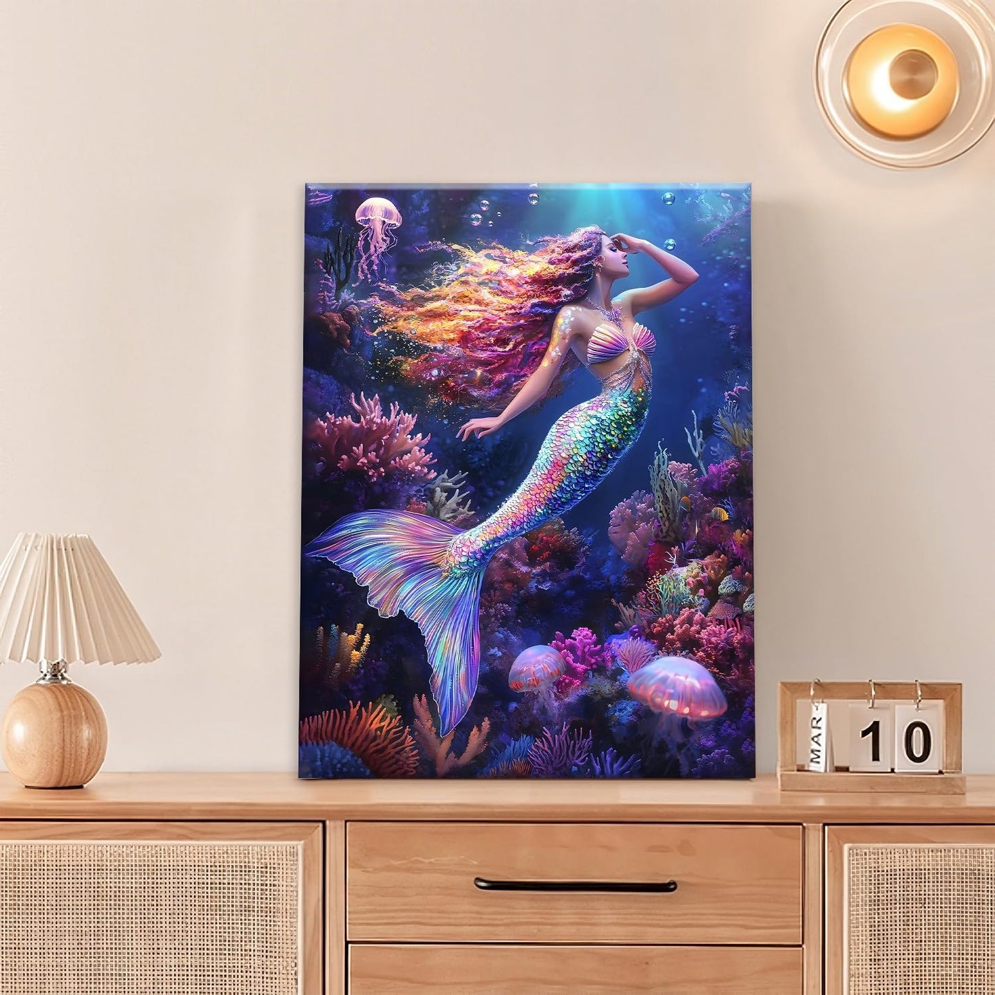 Sea Mermaid Bathroom Pictures Wall Art, Ocean Mermaid Bathroom Wall Decor, Aesthetics Framed Painting Canvas Artwork for Bedroom Living Room Decorations 20"L x 16"W