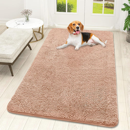 OLANLY Dog Door Mat for Muddy Paws 59x32, Absorbs Moisture and Dirt, Absorbent Non-Slip Washable Doormat, Quick Dry Chenille Mud Mat for Dogs, Entry Indoor Entryway Carpet for Inside Floor, Peach