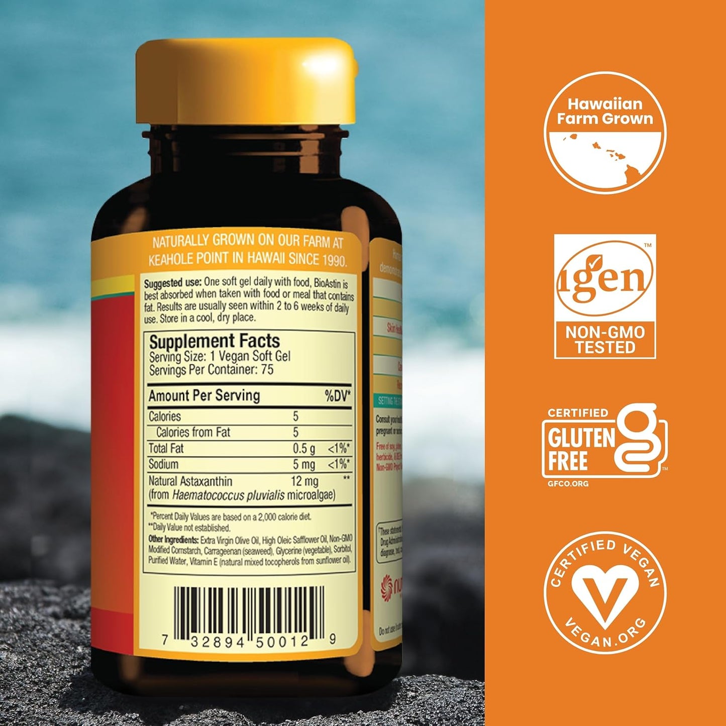 Nutrex Hawaii Vegan BioAstin Hawaiian Astaxanthin - 12mg, 75 Softgels - Farm-Direct Premium Antioxidant Supplement to Support Eye, Skin, Joint & Immune System Health - Non-GMO & Gluten-Free