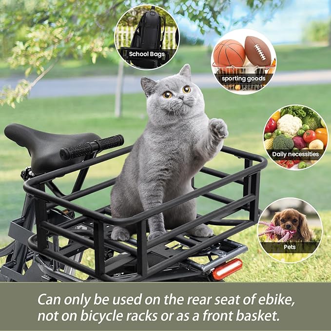 AWQM Large Ebike Basket, Waterproof Metal Electric Bicycle Basket, Quick Assemble Bike Accessories Rear Cargo Rack for Picnic, Pet, Sports