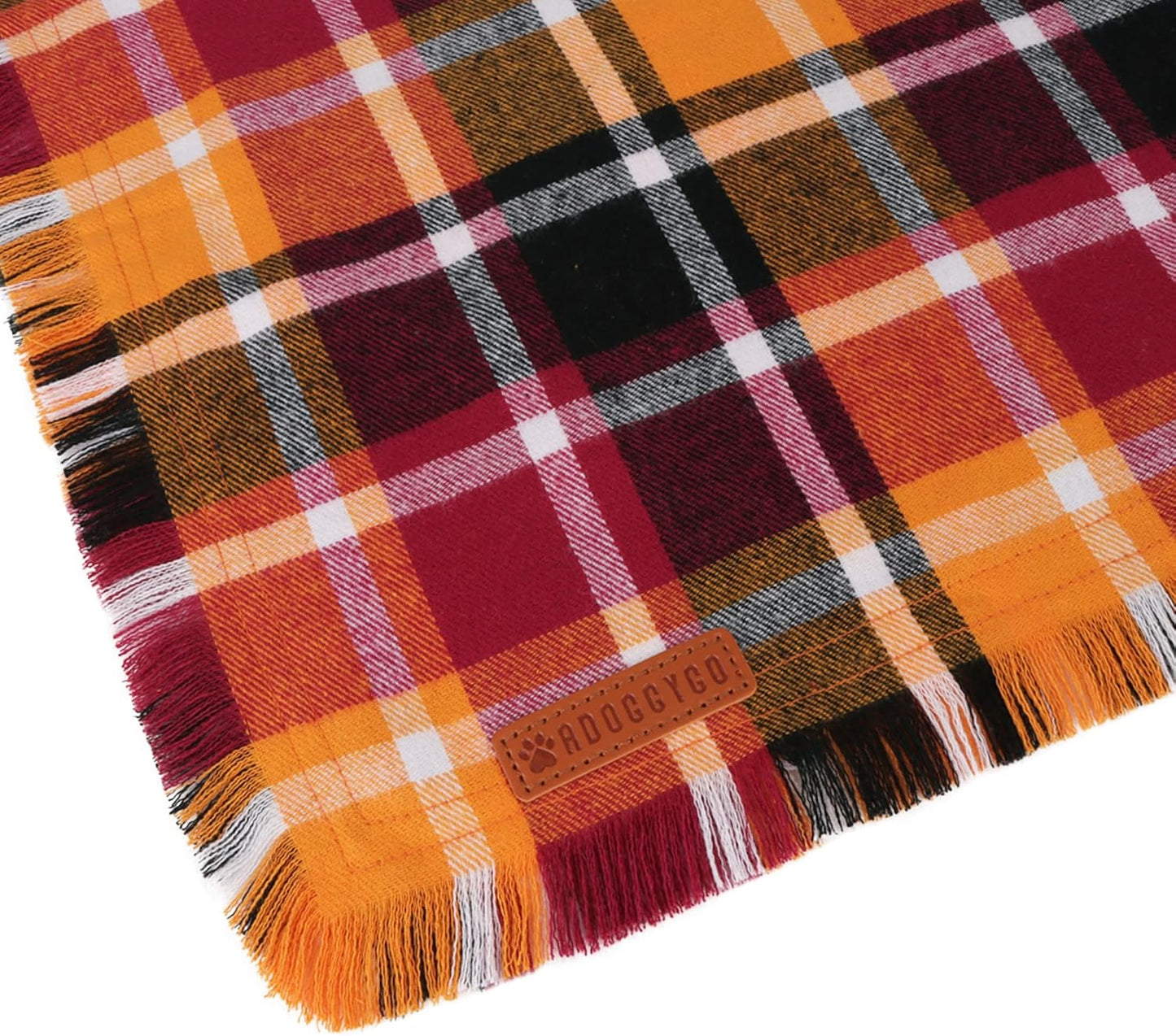 ADOGGYGO Fall Dog Bandana with Tassels Edges, Stylish Orange Plaid Pet Scarf, Multiple Size, Thanksgiving Halloween Fall Bandanas for Medium Large Dogs (Large)