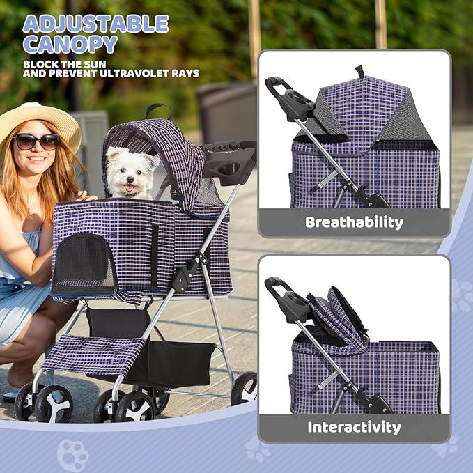 Magshion Foldable Pet Stroller, 3-in-1 Dog Travel Jogger with Detachable Carrier, Cup Holder, Storage Basket, Folding Carrier for Small/Medium Dogs & Cats Up to 33 lbs, Plaid