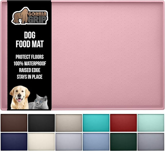 GORILLA GRIP 100% Waterproof Raised Edge BPA Free Silicone Pet Feeding Mat, Dog Cat Food Mats Contain Spills Protects Floors, Placemats for Cats and Dogs Water Bowl, Pets Accessories 16x10, Pink