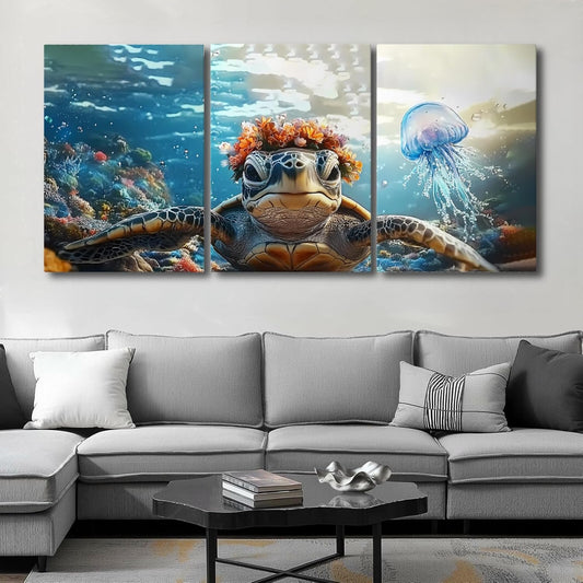 Wivsev Sea Turtle Canvas Wall Art,Under Sea Wall Art,Sea Life Pictures Wall Decor,Ocean Animal Painting for Bathroom,Living Room,Bedroom (24" x 36" x 3 pcs)
