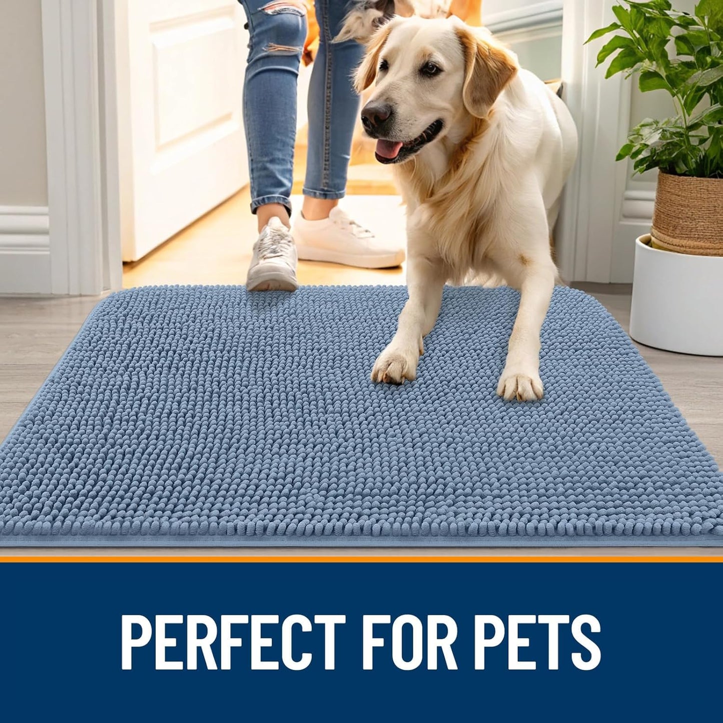 OLANLY Dog Door Mat for Muddy Paws 30x20, Absorbs Moisture and Dirt, Absorbent Non-Slip Washable Doormat, Quick Dry Chenille Mud Mat for Dogs, Entry Indoor Entryway Carpet for Inside Floor, Airy Blue