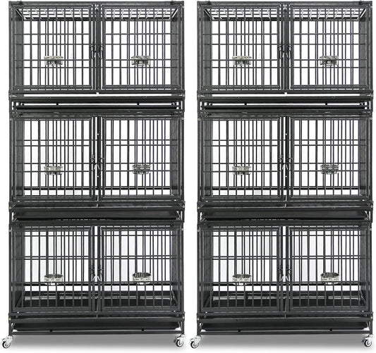 Homey Pet 2 Pack Three Tiers 43 inch Stackable Heavy Duty Dog Crate with Wheels, Indestructible Steel Dog Cage Kennel Indoor with Detachable Divider, Trays, Feeding Bowls, Escape Proof Locks