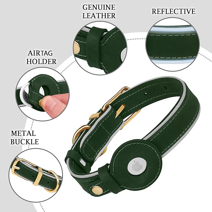 OOPSDOGGY Reflective Geniune Leather Airtag Dog Collar Soft Padded Collars for Small Medium Large Breed Dogs Puppy, 4 Sizes, 7 Colors (Green, XLarge, 19"-24")