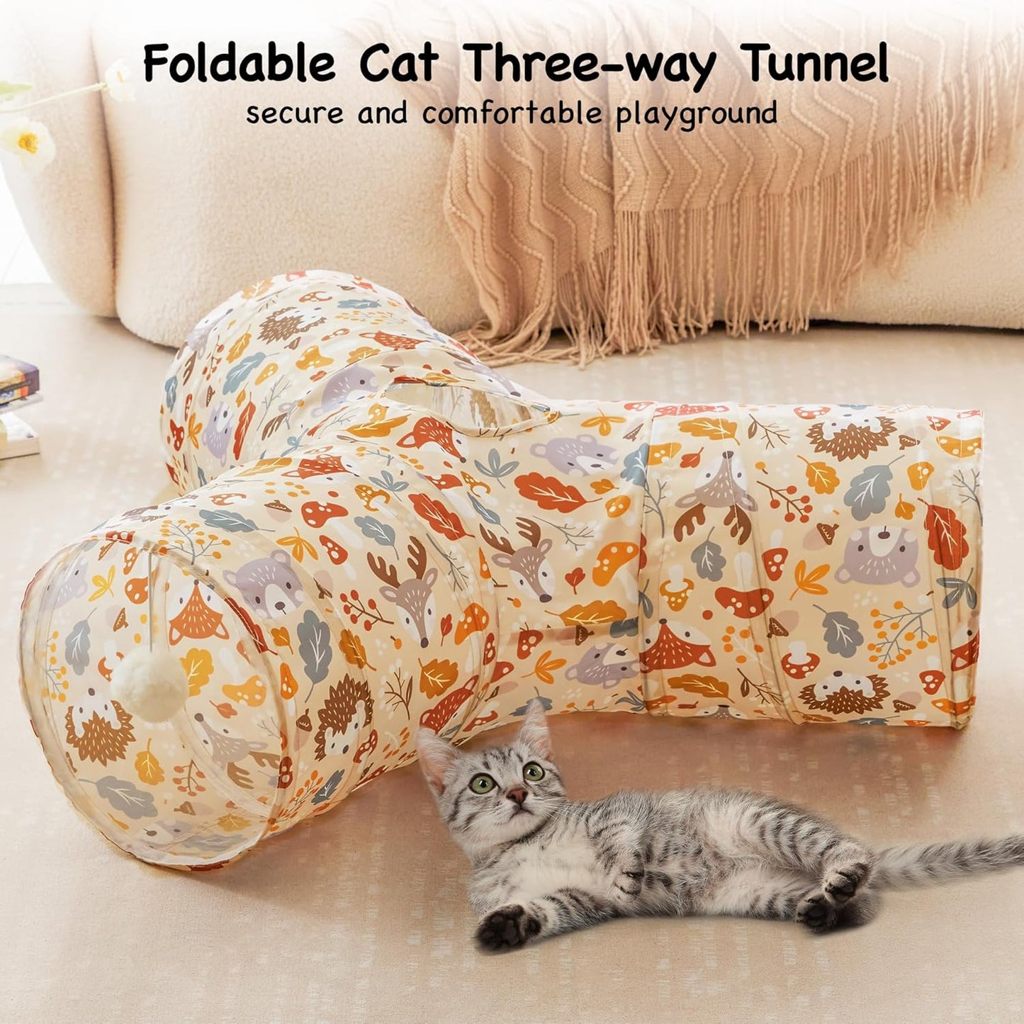 Tempcore Pet Cat Tunnel Tube Cat Toys 3 Way Collapsible, Cat Tunnels for Indoor Cats，Kitty Tunnel Bored Pet Toys Peek Hole Toy Ball Puppy, Kitty, Kitten, Rabbit Beige Deer