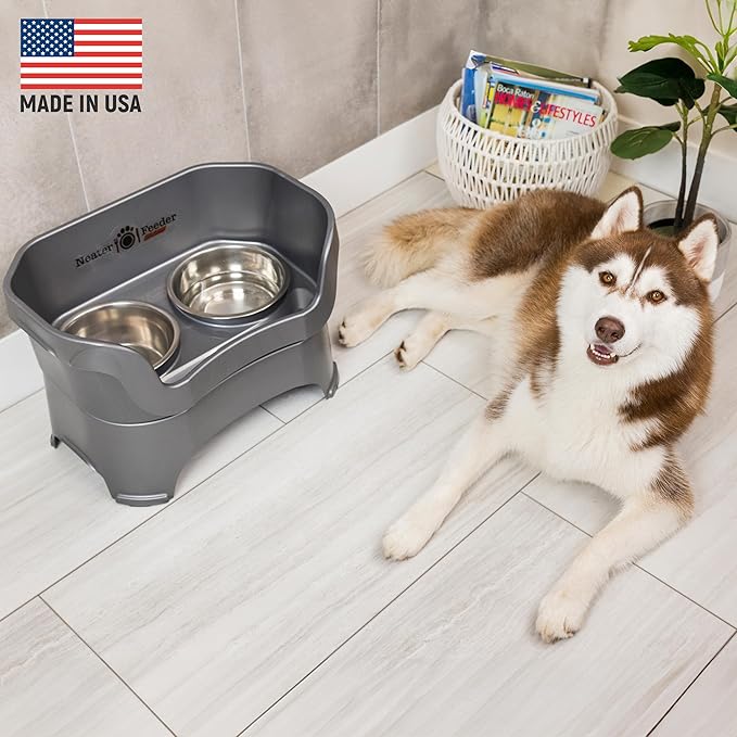 Neater Pet Brands Neater Feeder Deluxe Mess Proof Dog Bowls Elevated for Large Dogs Over 40 lbs, Made in USA, No Spill Raised Dog Food Bowl Stand Feeding Station, Food and Water Bowl Set, Grey
