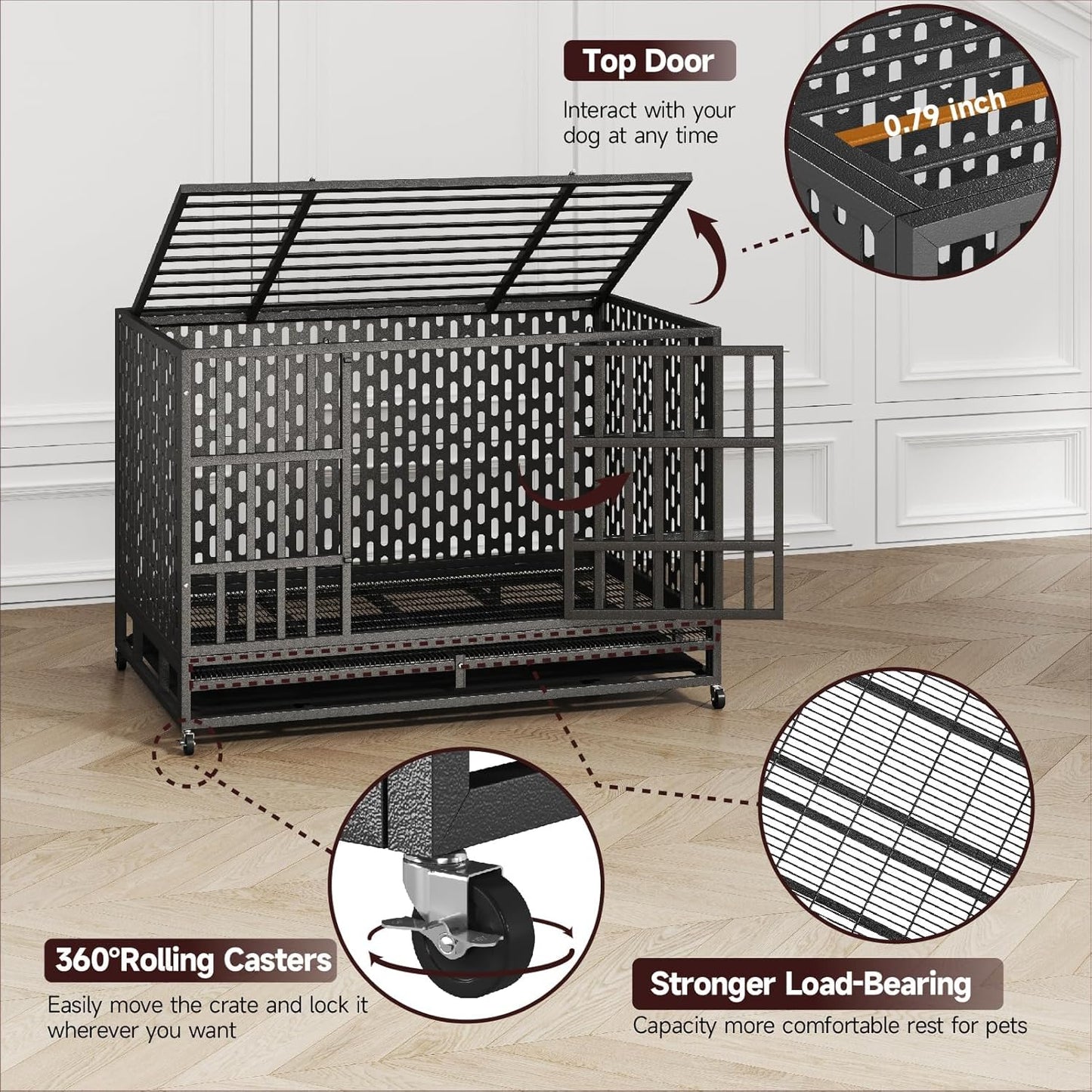 48/42 Inch Heavy Duty Indestructible Dog Crate Steel Escape Proof, Indoor Double Door High Anxiety Cage, Kennel with Wheels, Removable Tray, Extra Large XL XXL