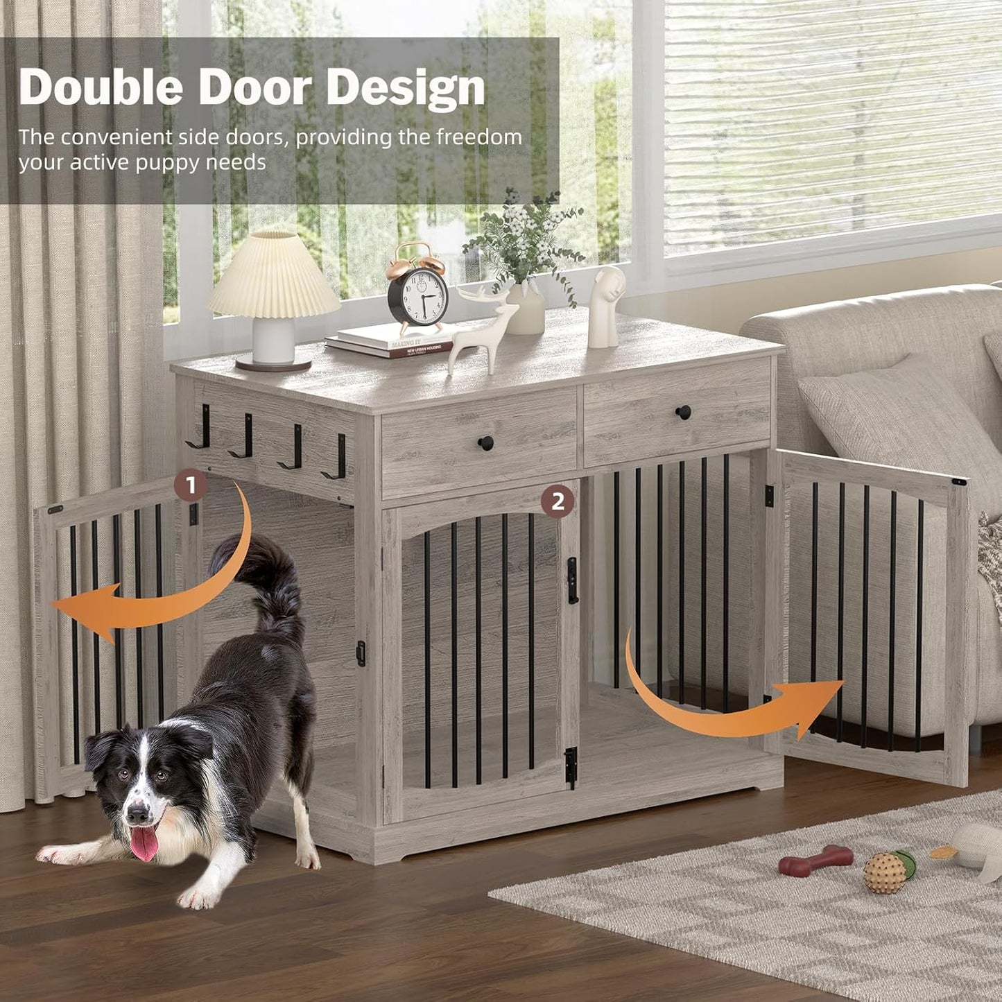 40 Inch Furniture-Style Dog Crate-Multipurpose Wood Pet Crate Furniture with Double Doors,2 Drawers, Decorative Dog House Indoor for Smal/Medium Dogs, Gray Finish