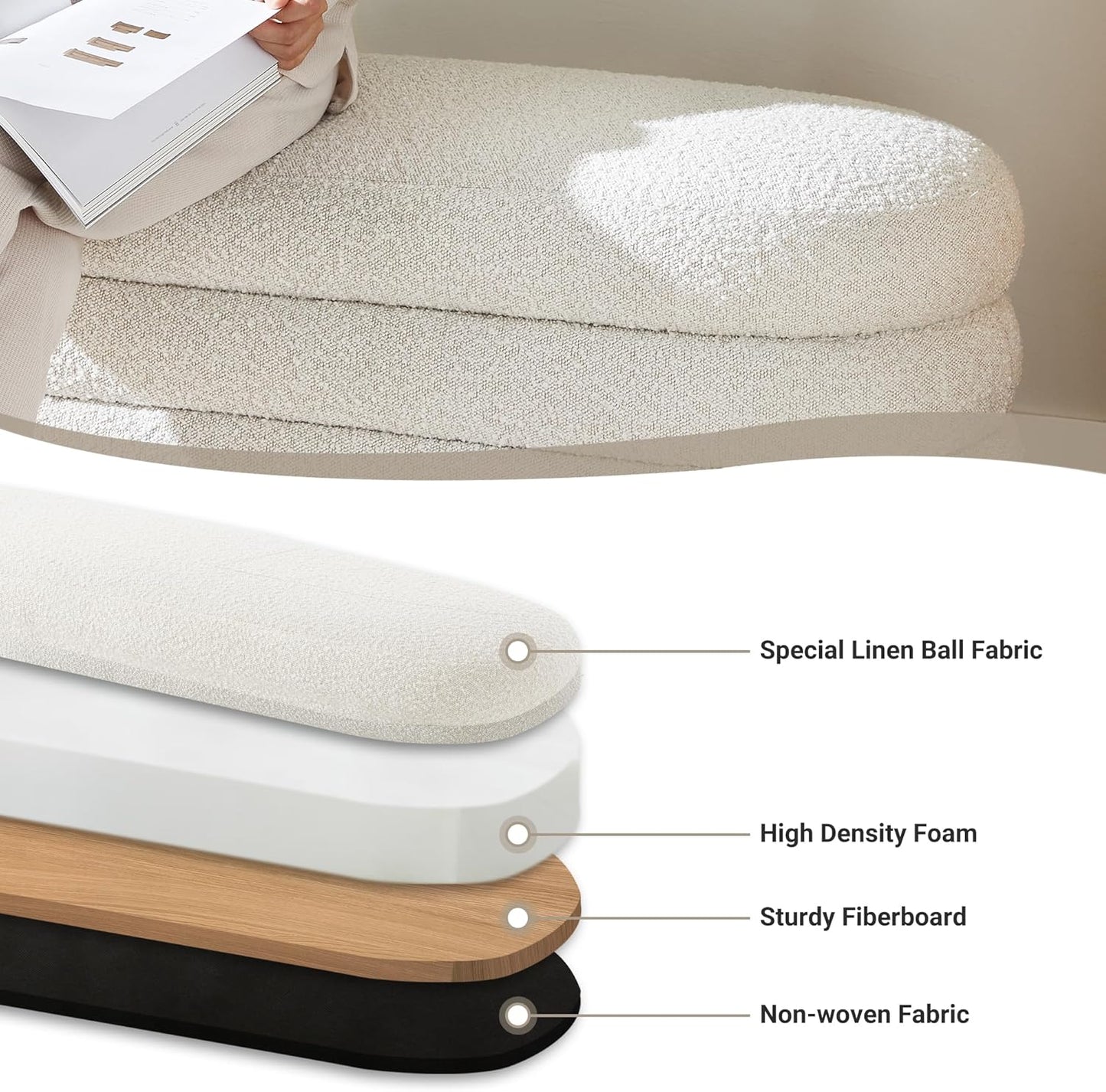 Storage Ottoman Bench 49.2 Inch Upholstered Fabric Storage Bench for Bedroom End of Bed Aesthetic Large Oval Ottoman for Living Room Entryway (Ivory)