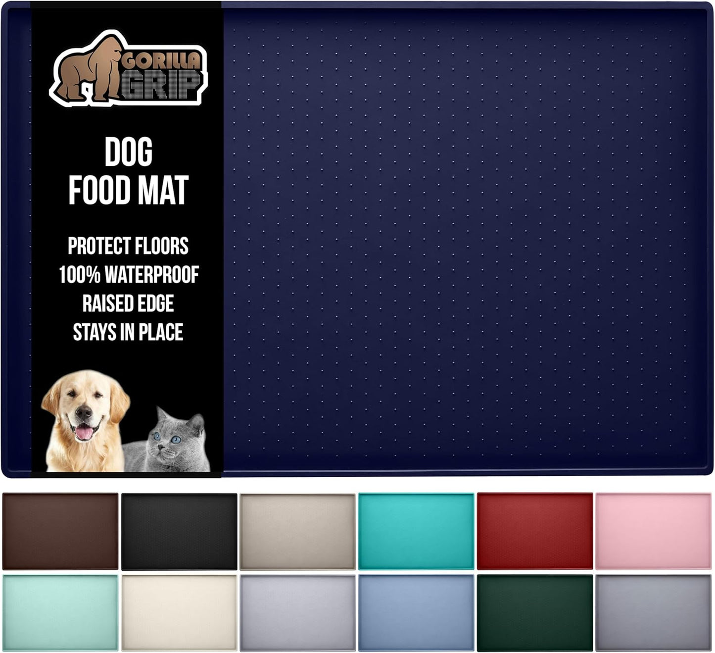 GORILLA GRIP 100% Waterproof Raised Edge BPA Free Silicone Pet Feeding Mat, Dog Cat Food Mats Contain Spills Protects Floors, Placemats for Cats and Dogs Water Bowl, Pets Accessories 18.5x11.5 Navy