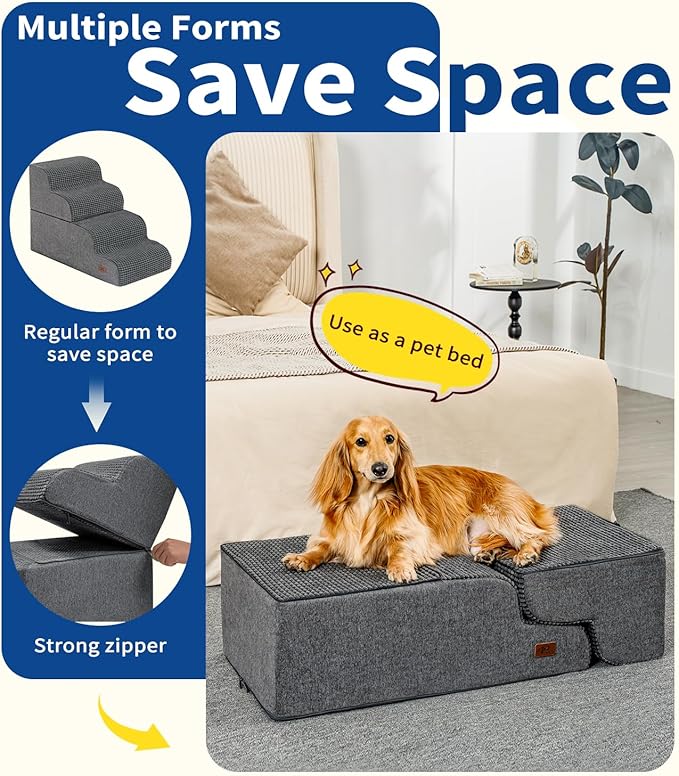 Dog Step for Bed, Dog Stair 4-Step 35D Pet Stair 19.7" H for High Bed or Sofa Non-Slip Balanced Pet Step Indoor, Grey