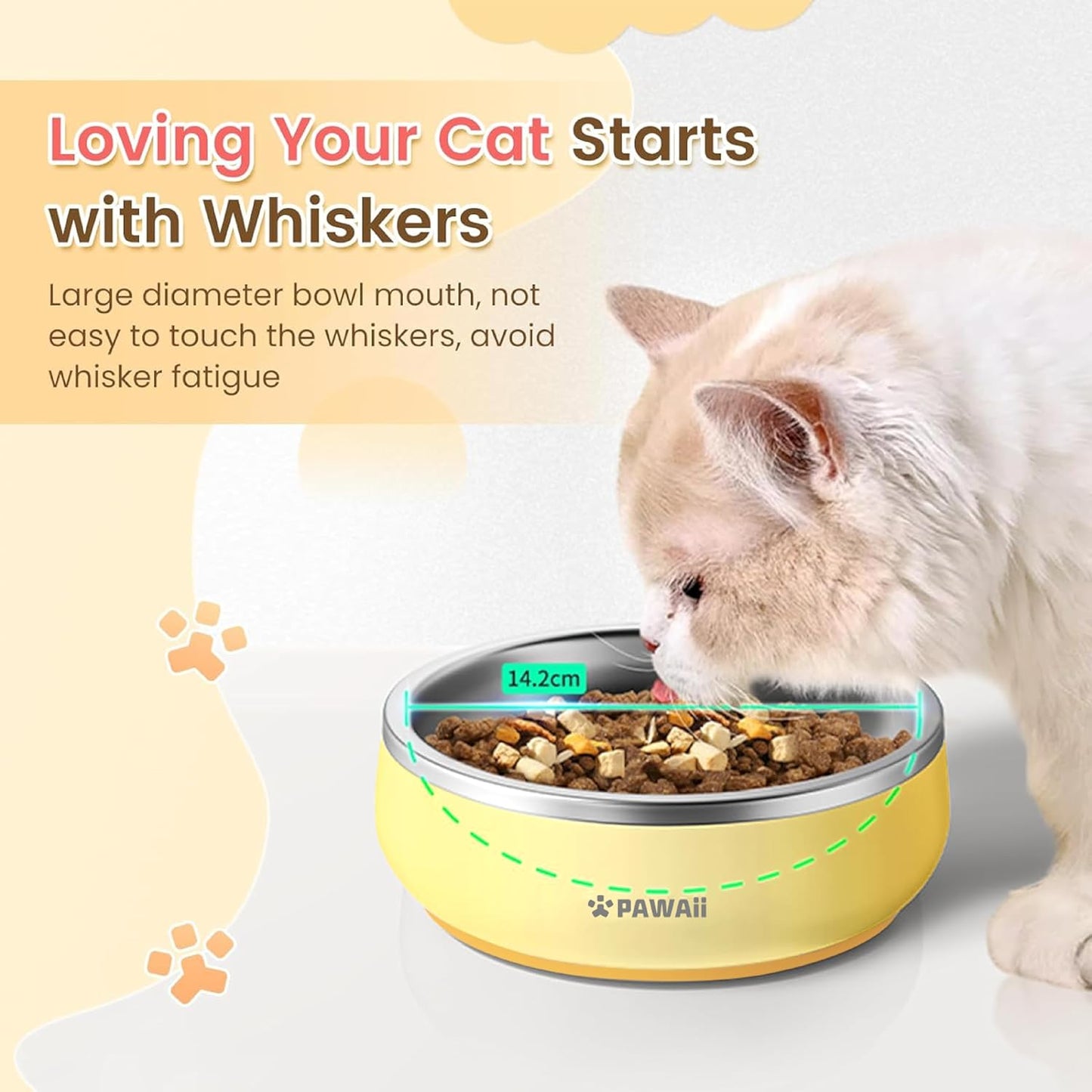 Pawaii Small Dog Bowls, 12 oz. Food Water Bowl Designed for Puppies and Cats with Non-Slip Rubber Base, Upgraded Metal Insulated, Double Stainless Steel Bowls, Cheese Yellow