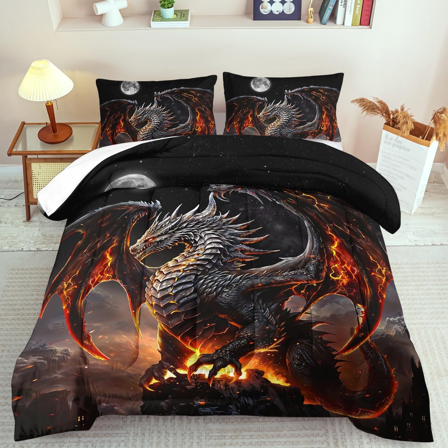 Black Dragon Comforter Set Twin Adult,Flame Dragon Bedding Set for Boys,Magical Beast Bedding Fantasy Animal Comforter Beedroom Decor,Magical Beast Quilt Bed Decor